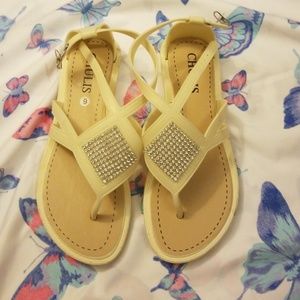 Cream colored sandals with rhinestones